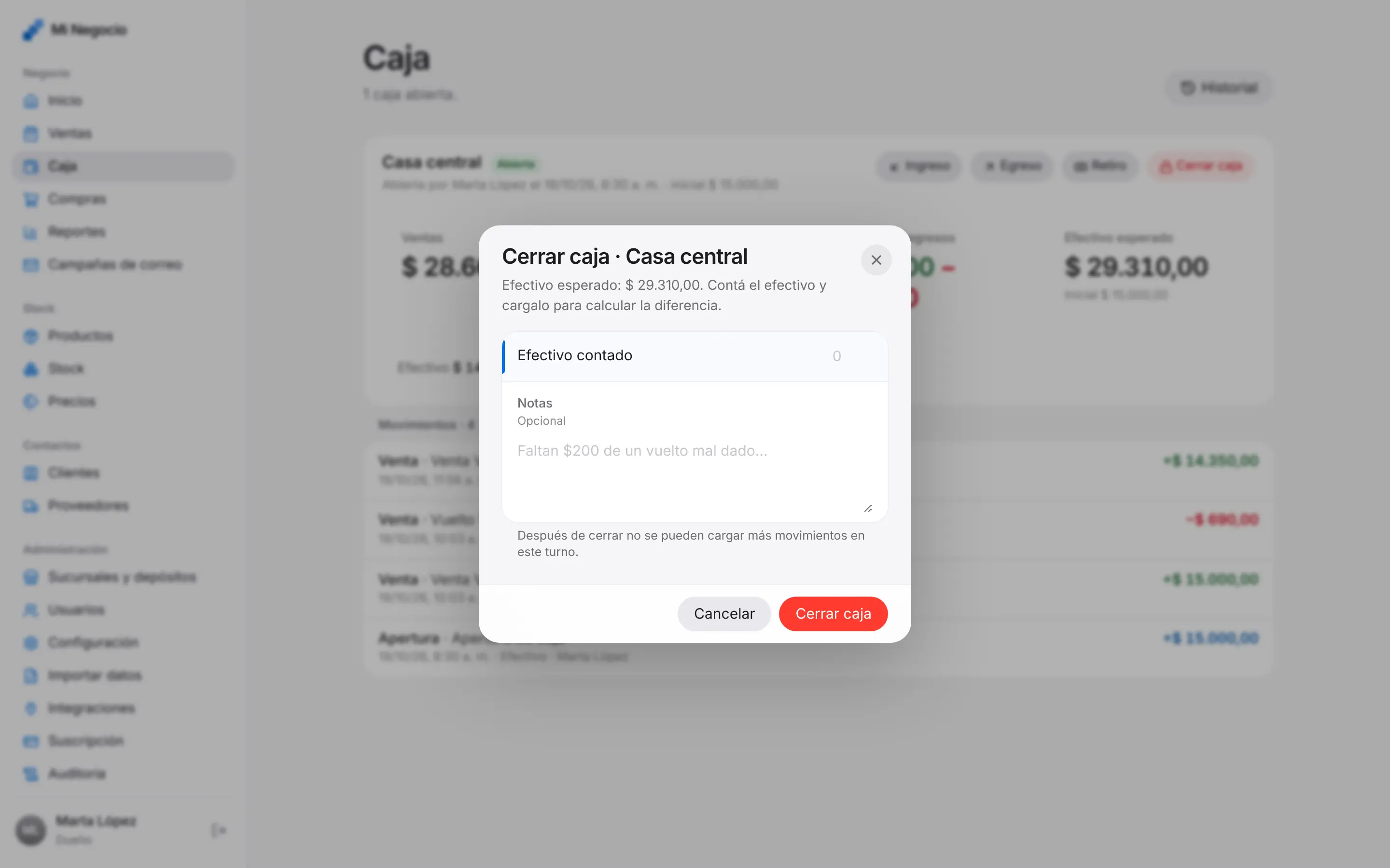 Pantalla de Cierre de caja