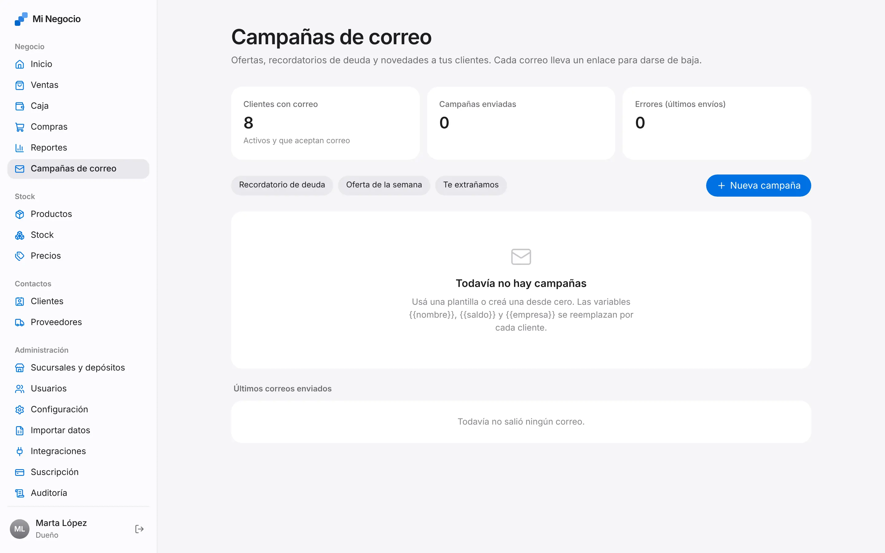 Pantalla de Correo a clientes