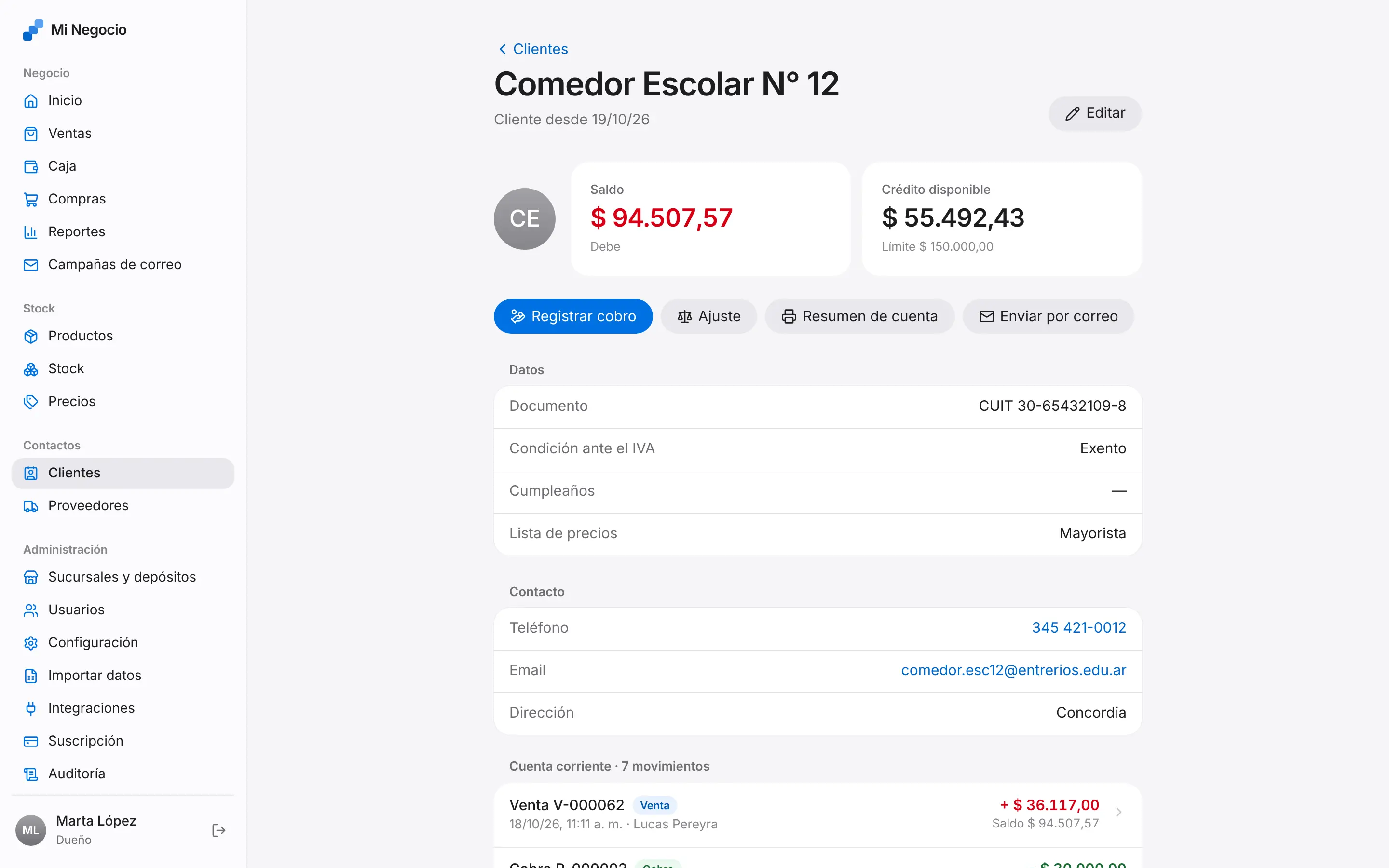Pantalla de Cuenta corriente del cliente