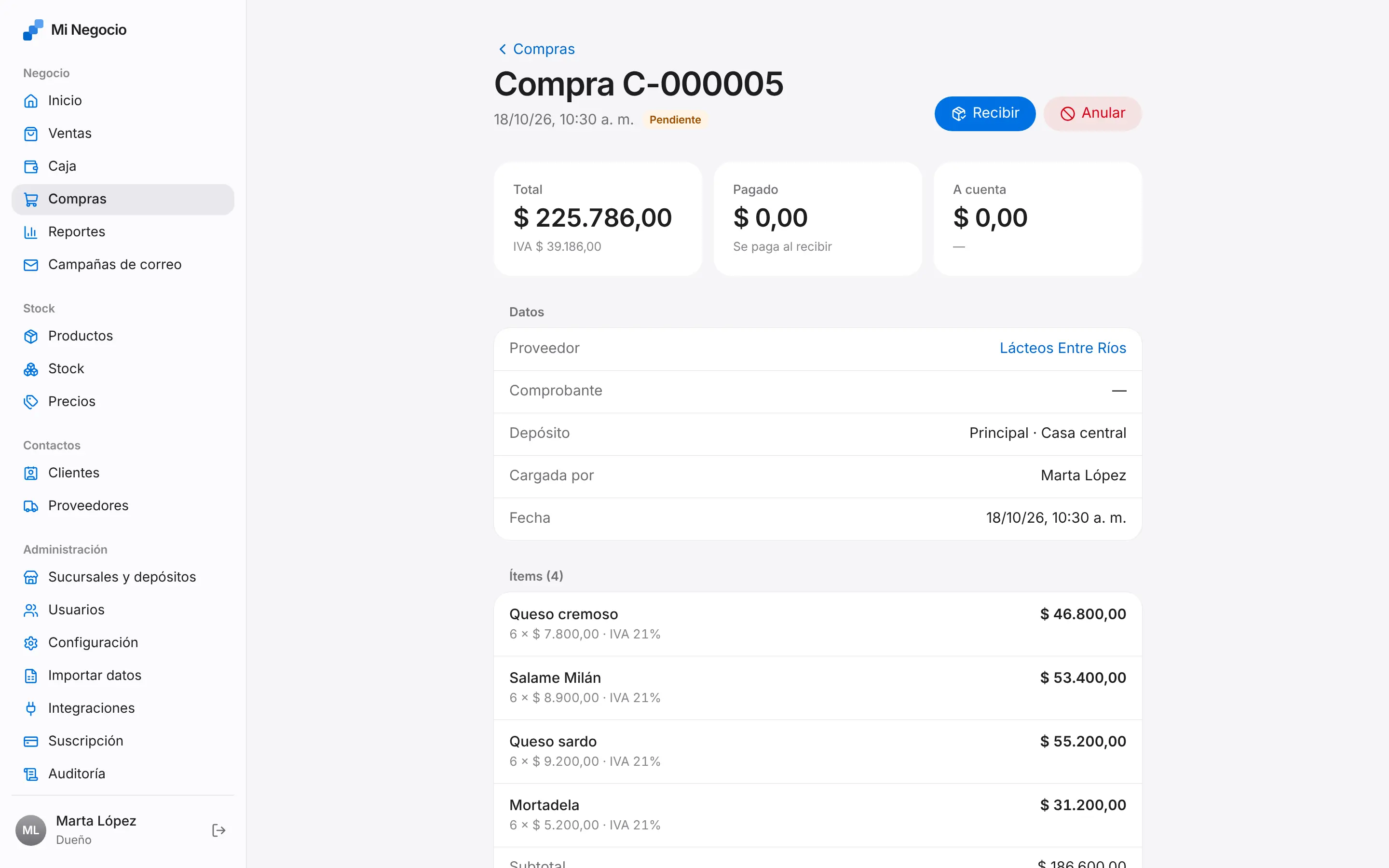 Pantalla de Compras y proveedores