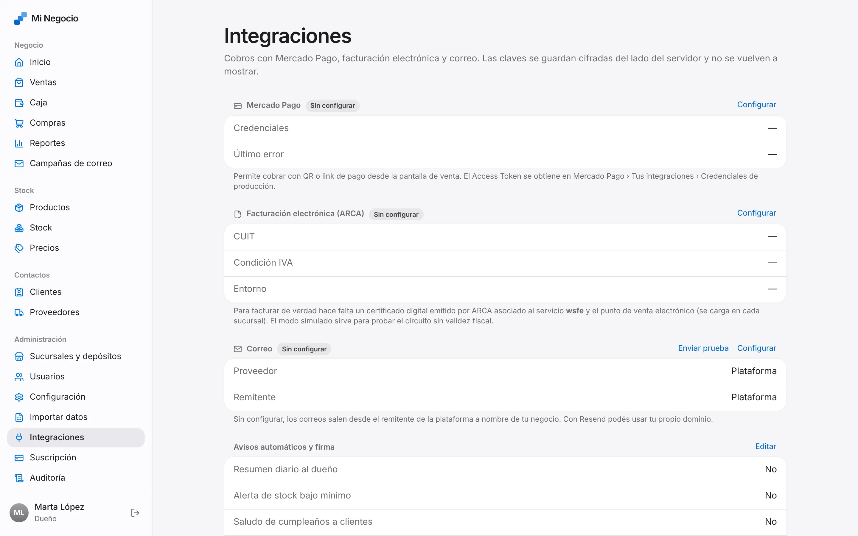 Pantalla de Integraciones