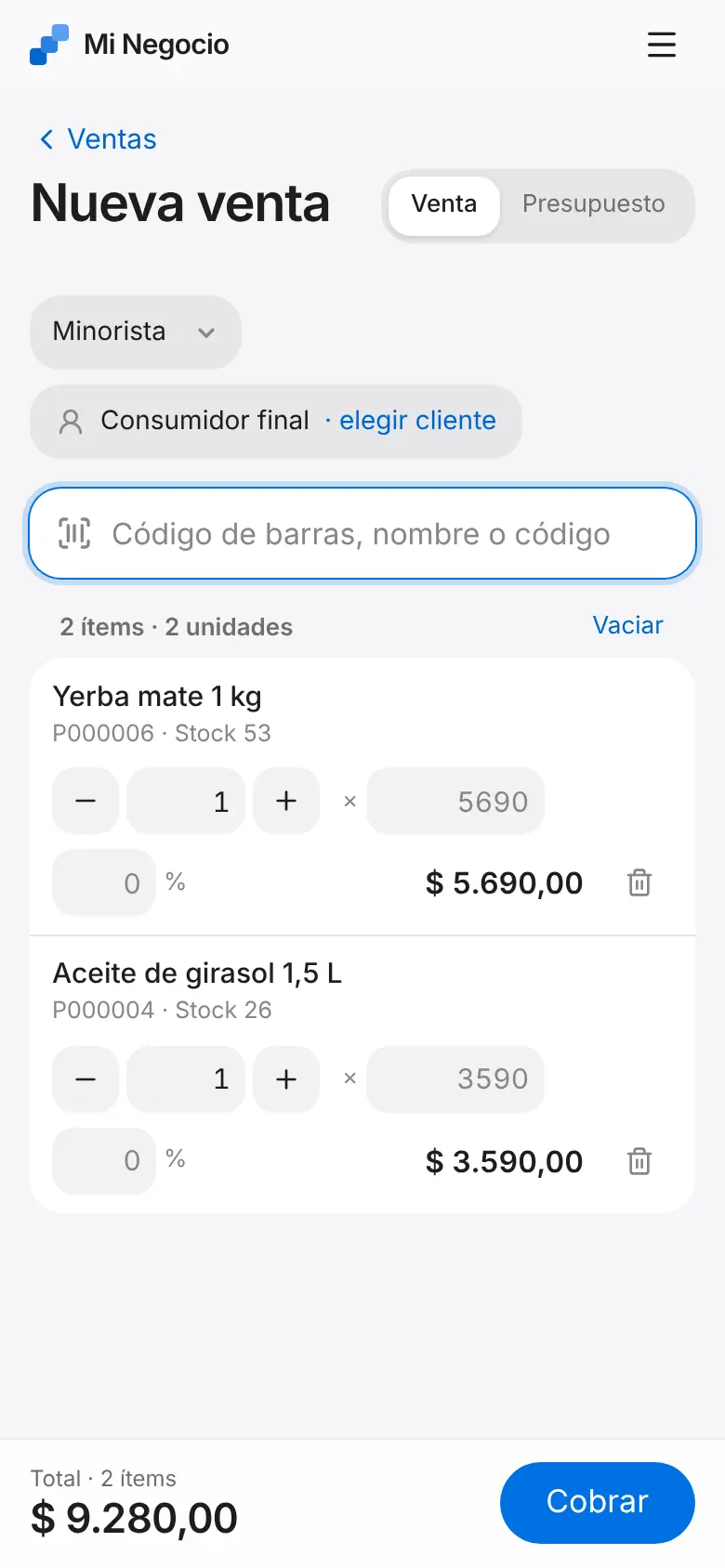 Pantalla de Punto de venta en el celular