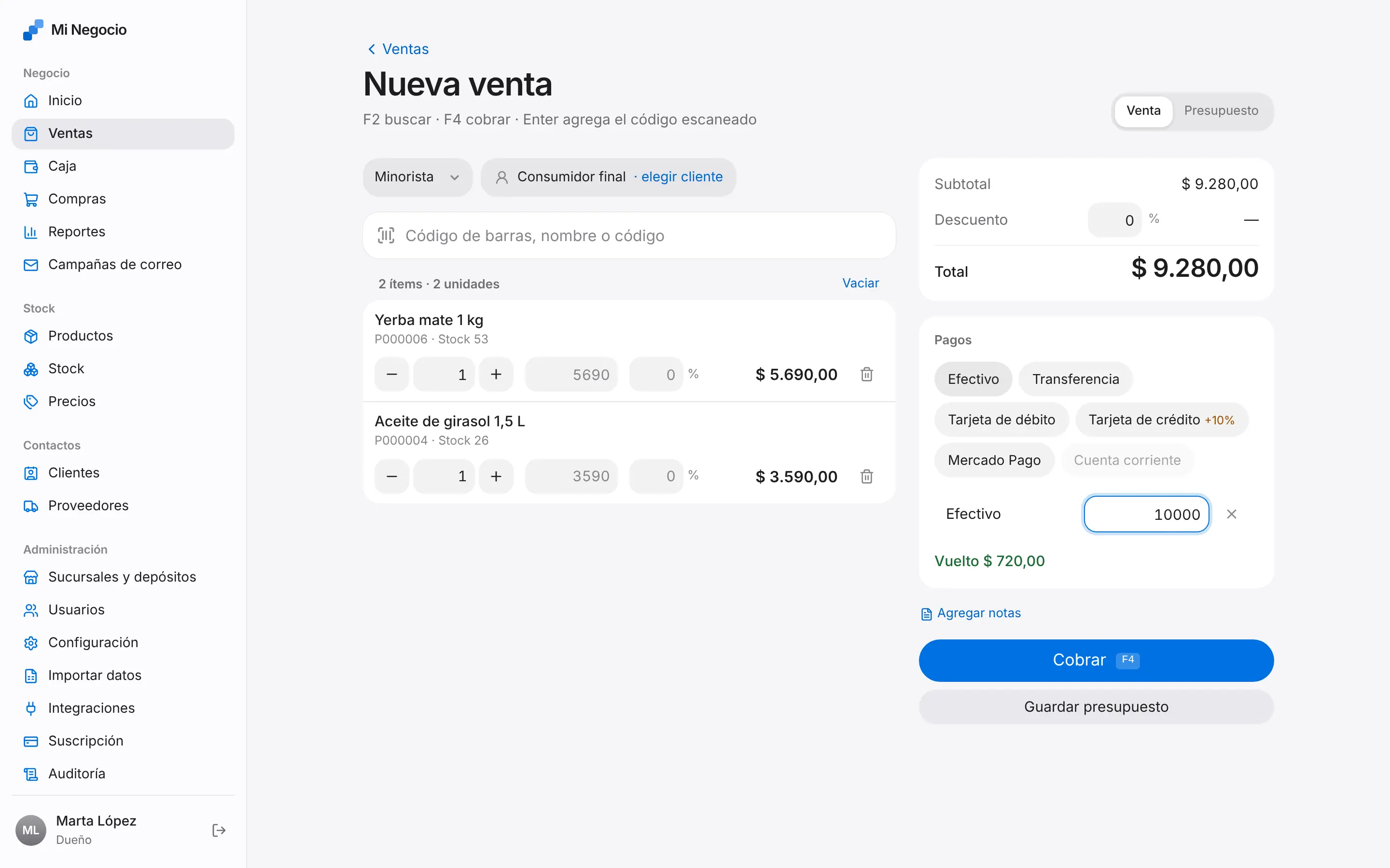 Pantalla de Cobro con pagos mixtos