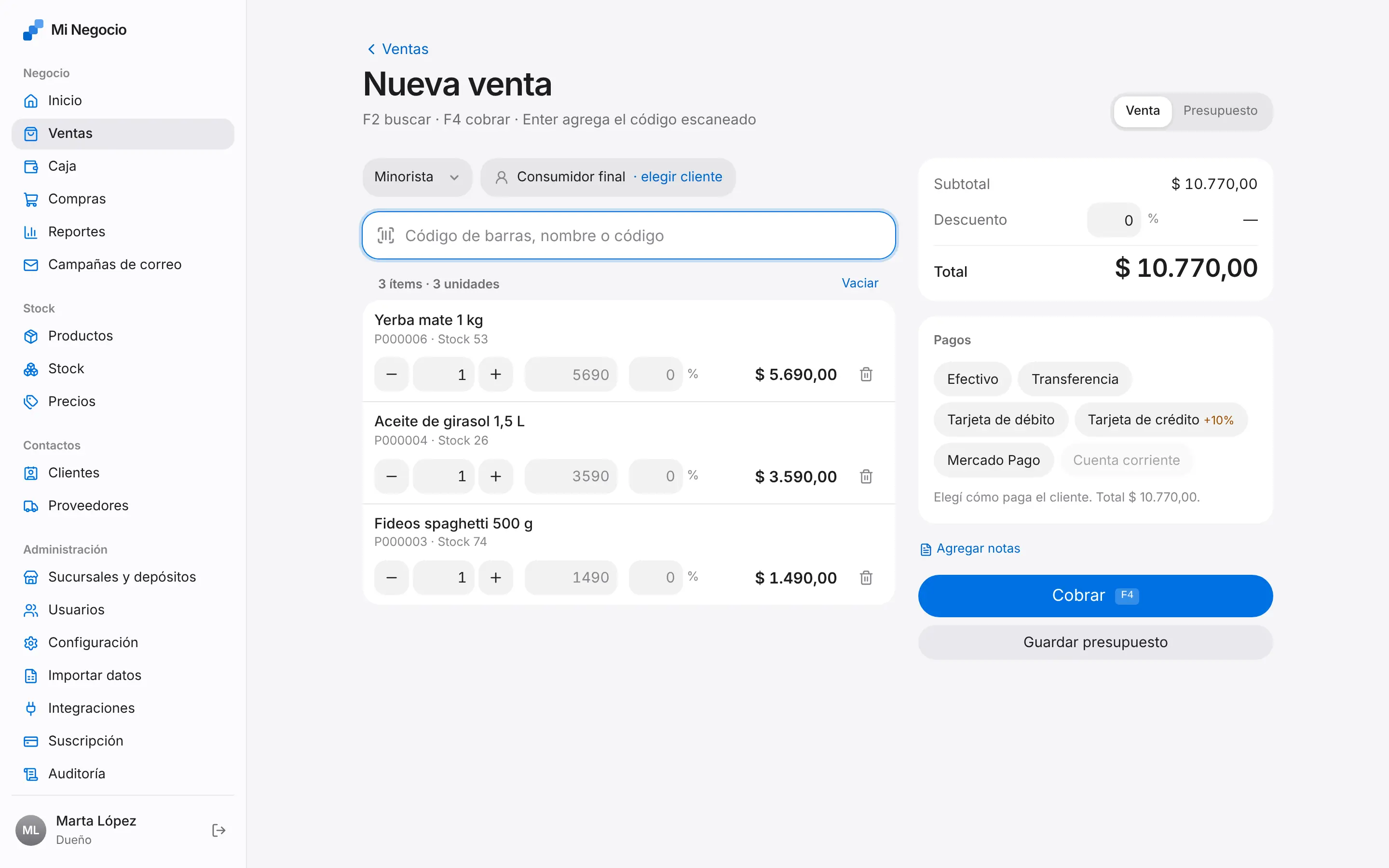 Pantalla de Ventas y punto de venta