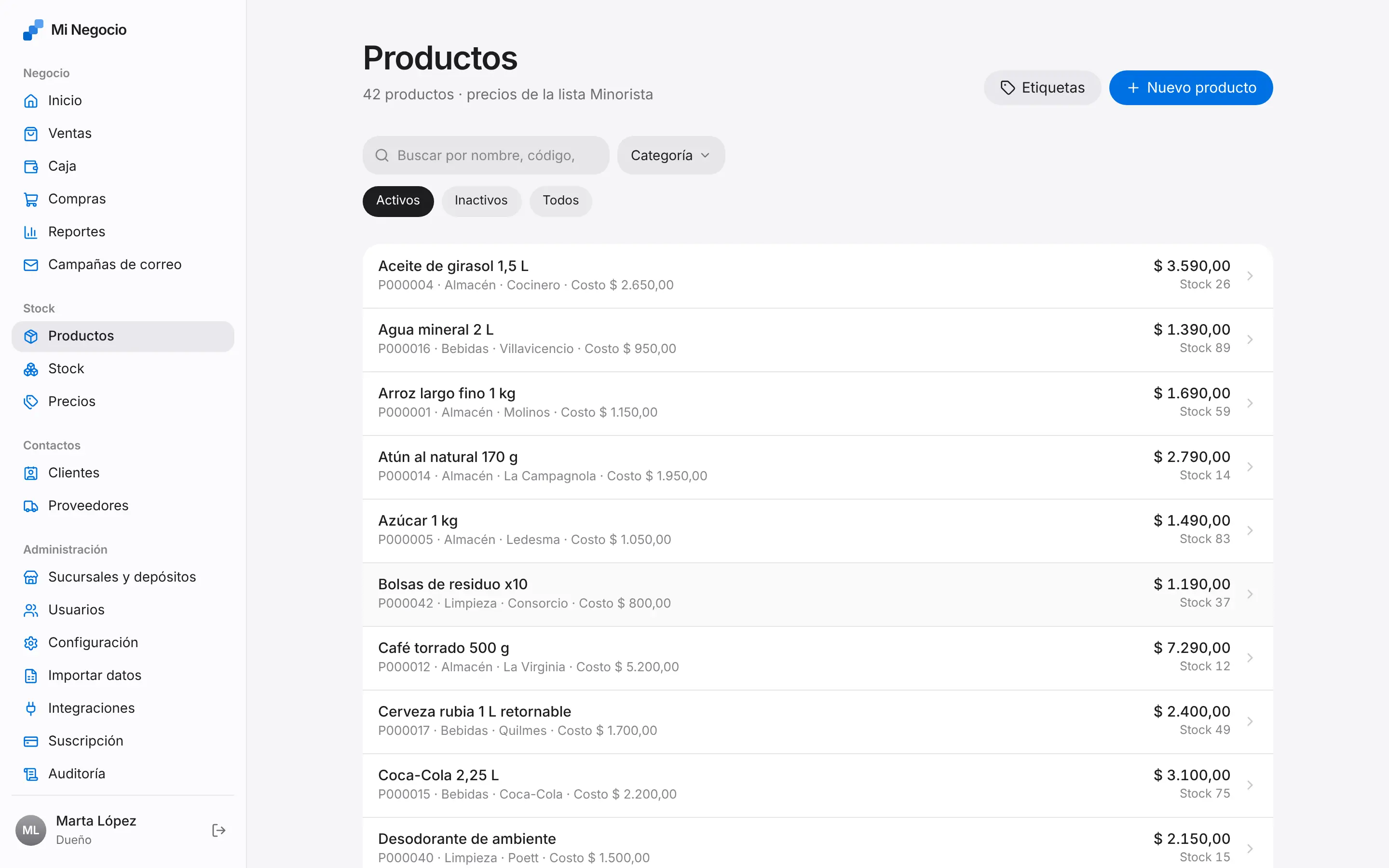 Pantalla de Stock y productos
