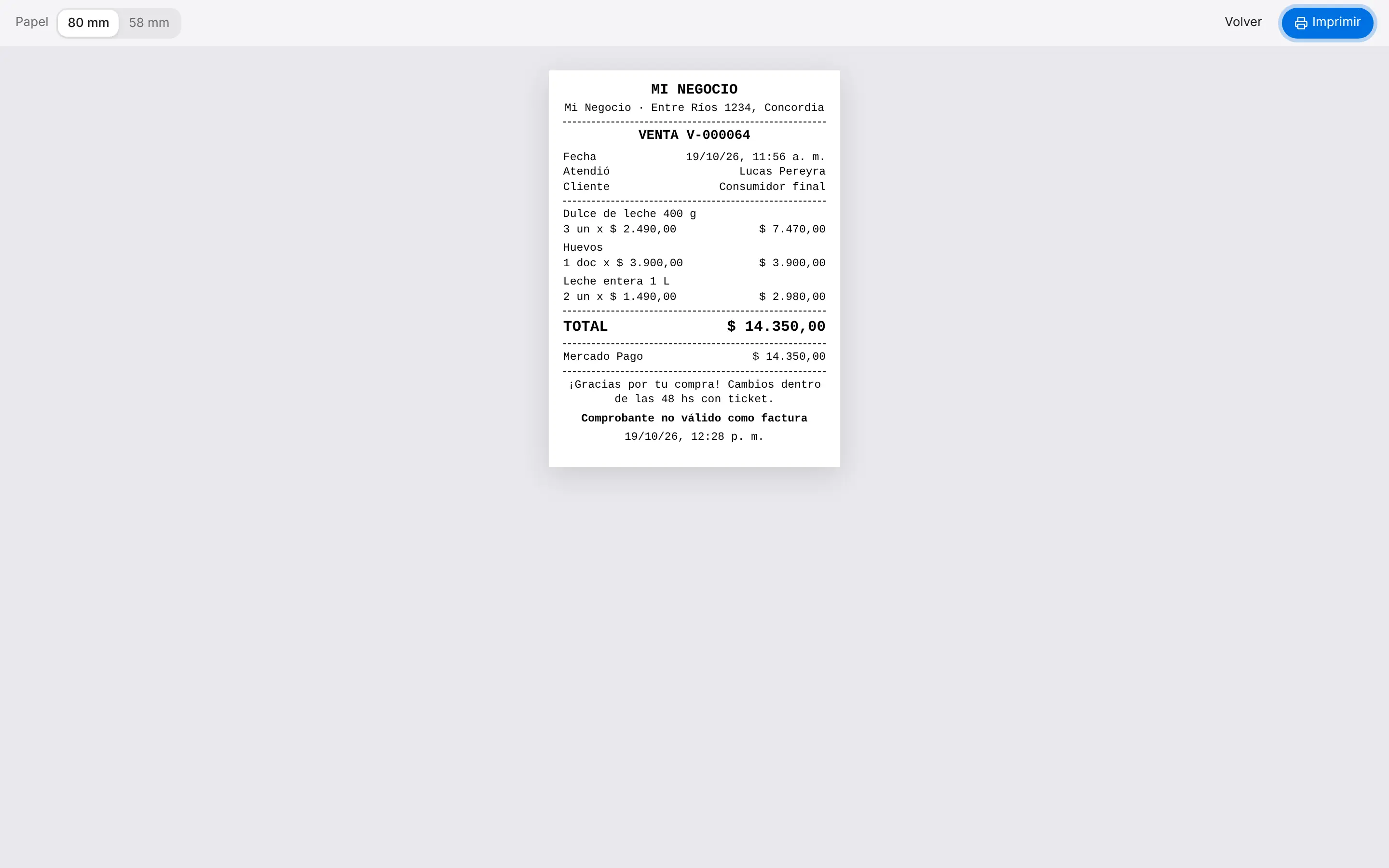 Pantalla de Ticket